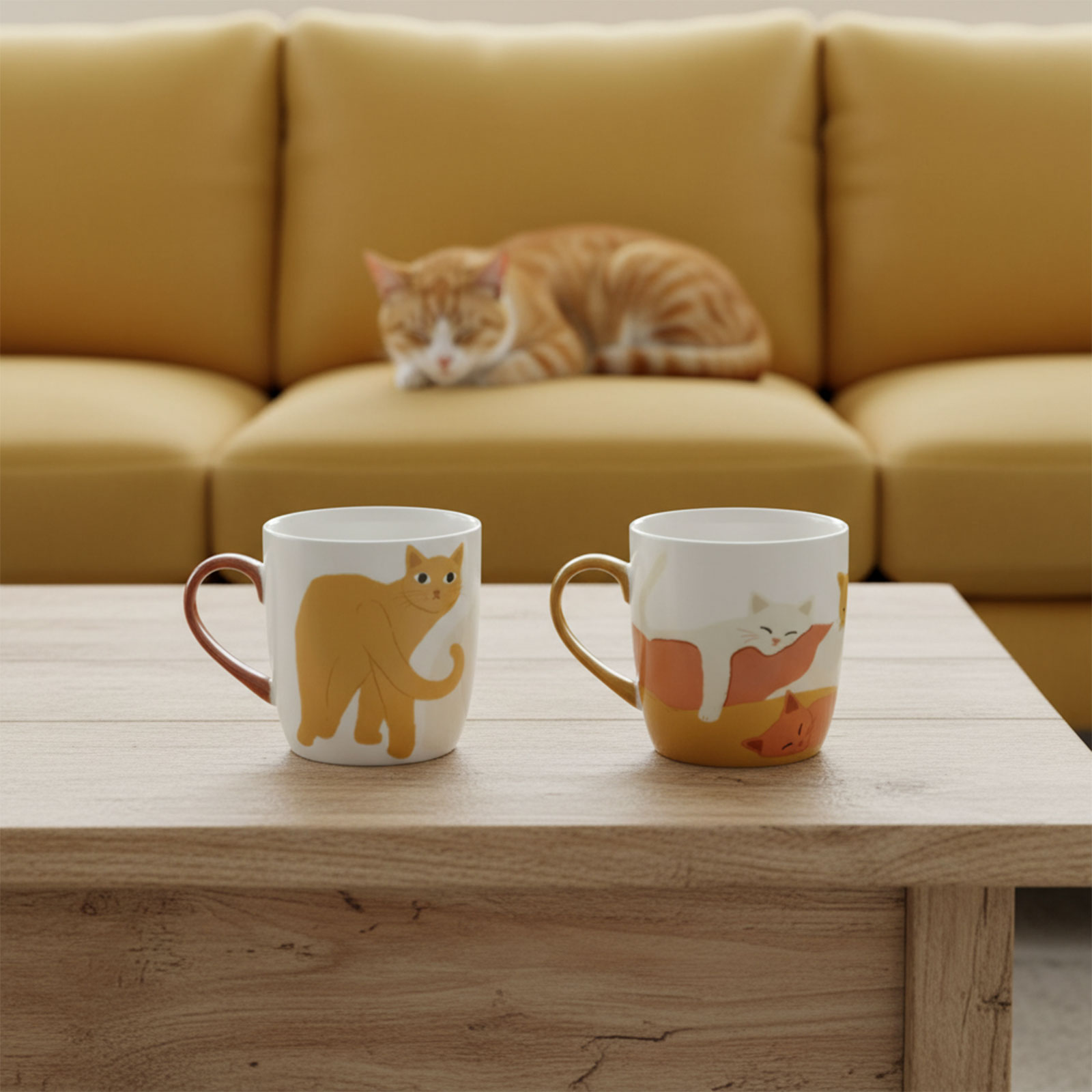 Deux mugs en céramique blancs décorés de motifs de chats, posés sur une table en bois. Un chat roux est visible flou en arrière-plan sur un canapé jaune.