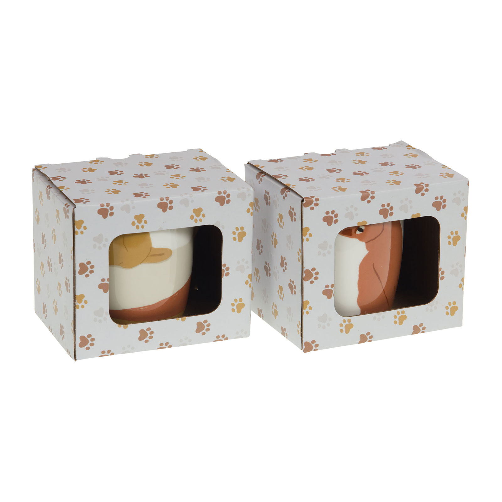 Deux boîtes cadeaux pour mugs, décorées de motifs de pattes de chat, chacune révélant un aperçu d'un mug avec un design félin