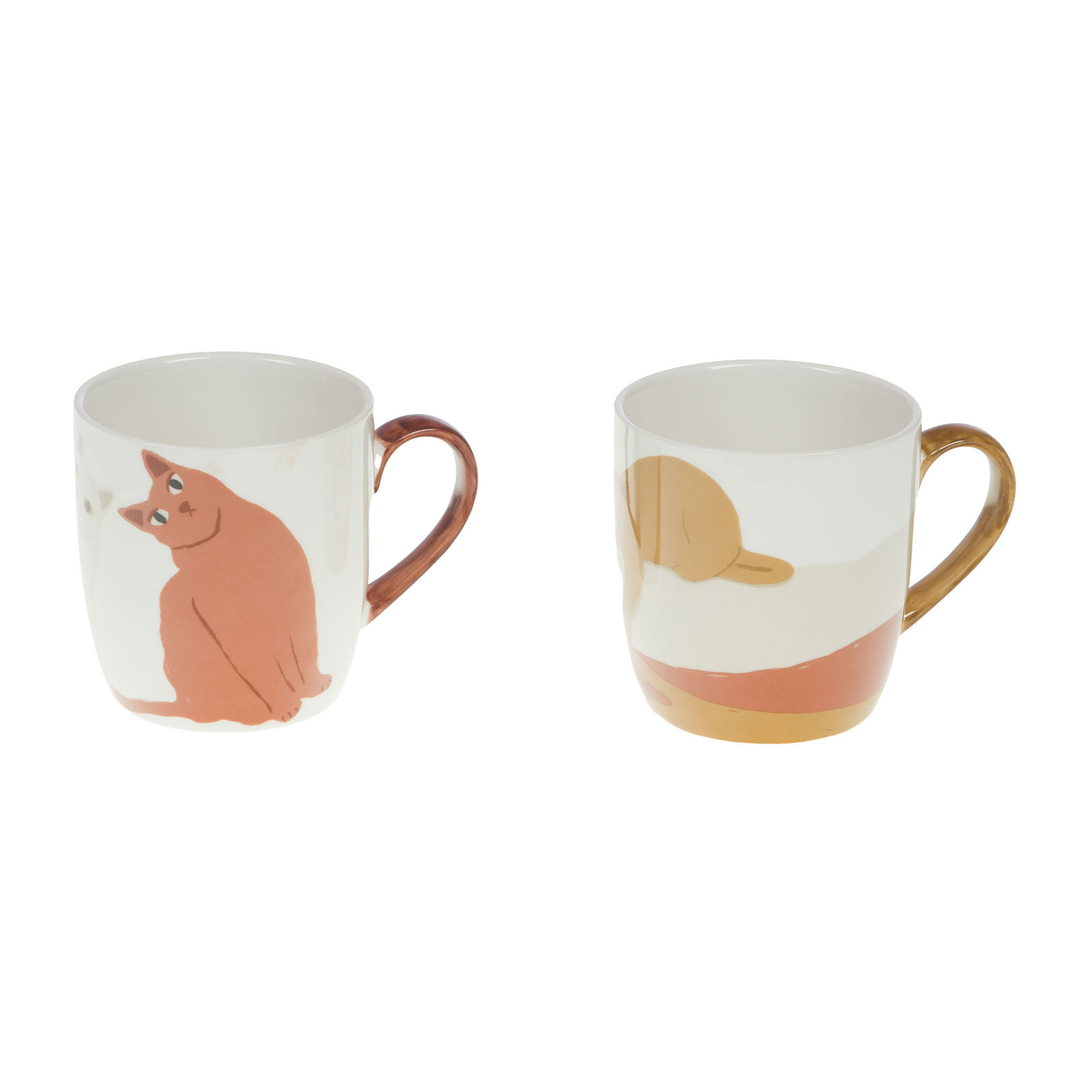 Deux mugs en céramique, l'un avec un motif de chat roux assis, l'autre avec un motif abstrait aux couleurs chaudes.