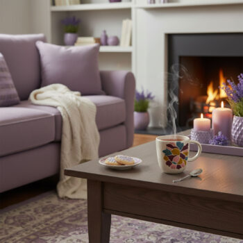 Amadeus mug Paula 35cl avec des motifs floraux multicolores, posé sur une table en bois près d'une cheminée allumée, avec des biscuits et une cuillère.