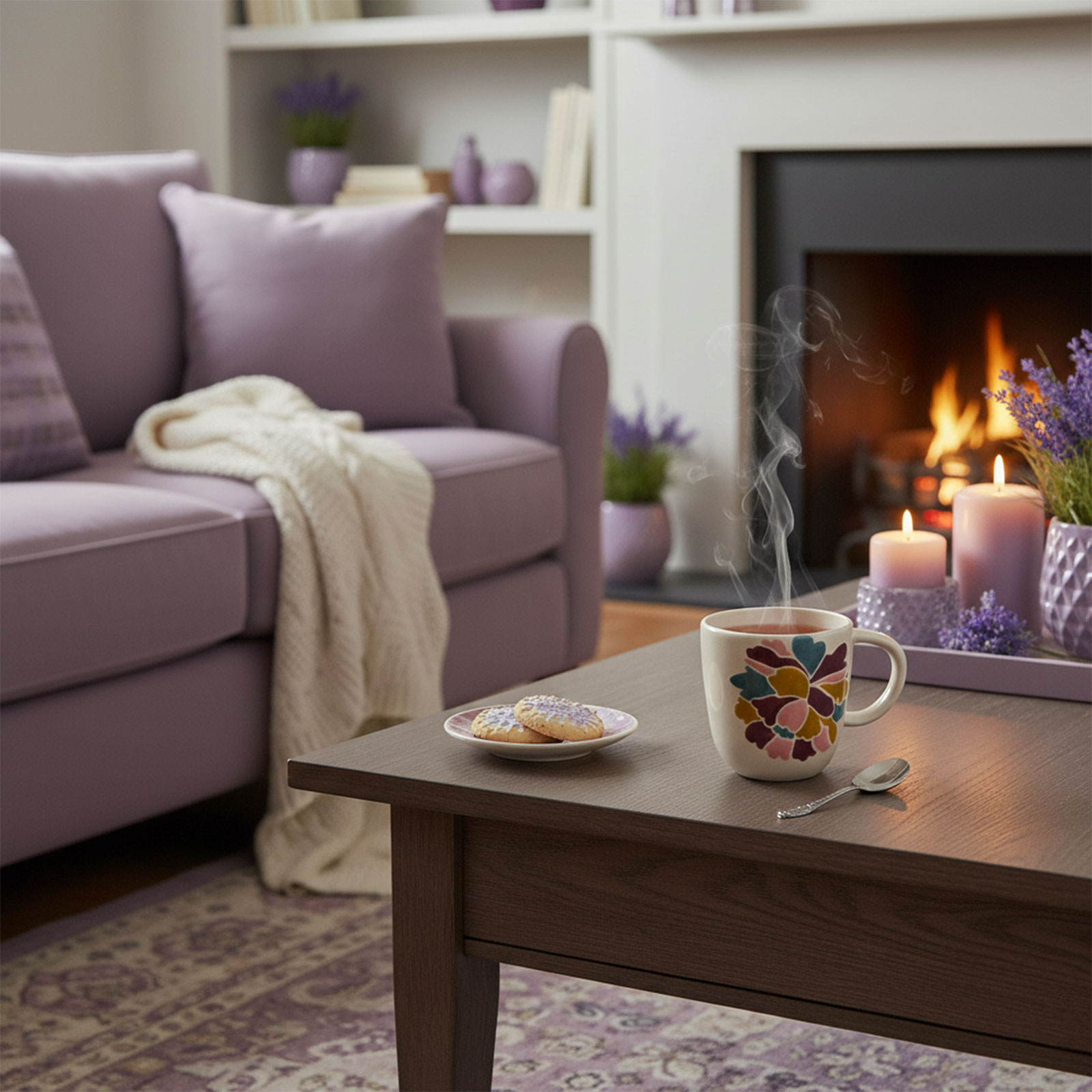 Amadeus mug Paula 35cl avec des motifs floraux multicolores, posé sur une table en bois près d'une cheminée allumée, avec des biscuits et une cuillère.