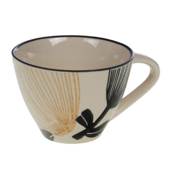 Tasse à thé Amadeus Eva 38cl en grès émaillé crème, bord noir et motif végétal stylisé doré et noir