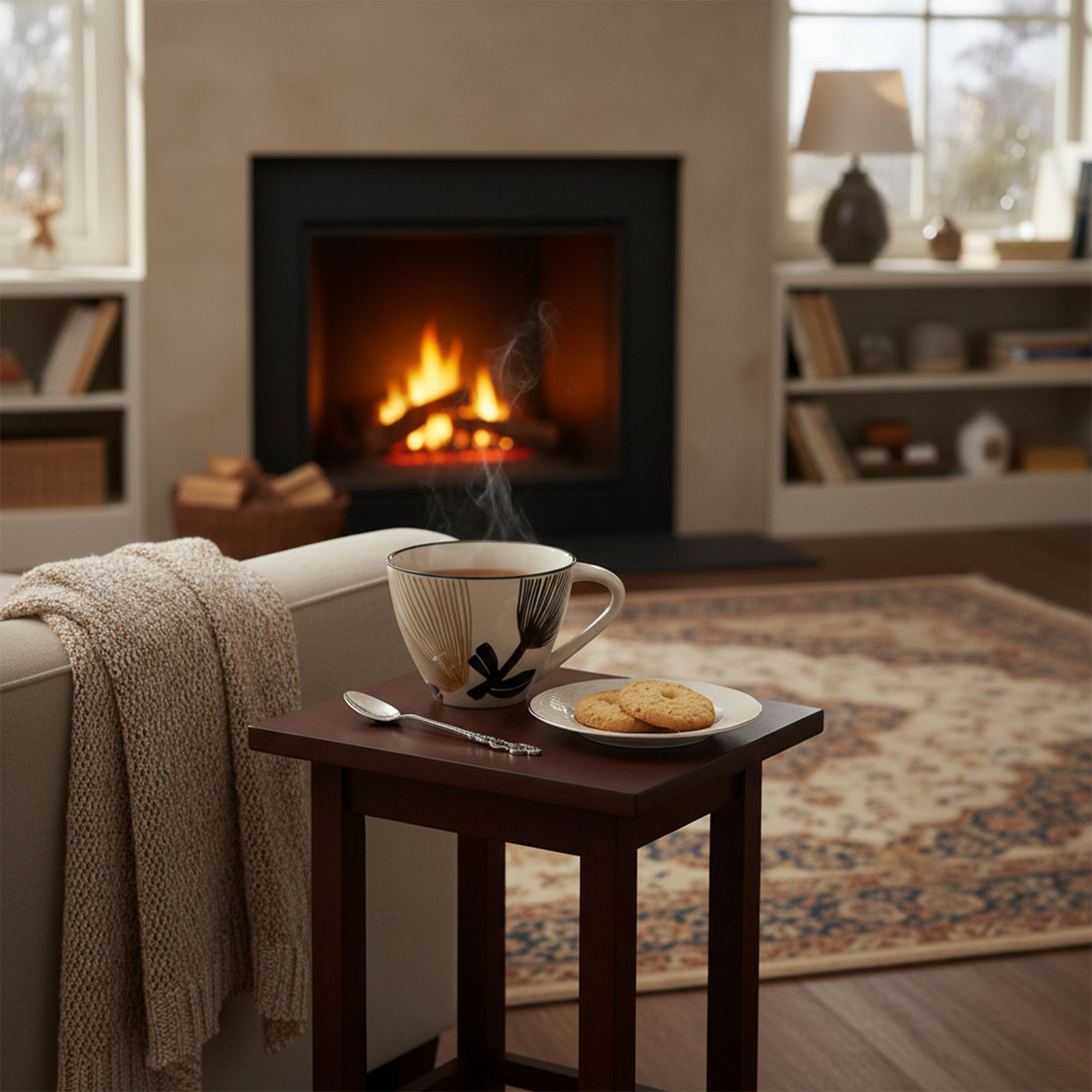 Trois mugs de style bohème Amadeus Eva 30cl avec des motifs graphiques stylisés, disposés sur une table en bois avec une théière blanche, un bol de sucre et des biscuits.