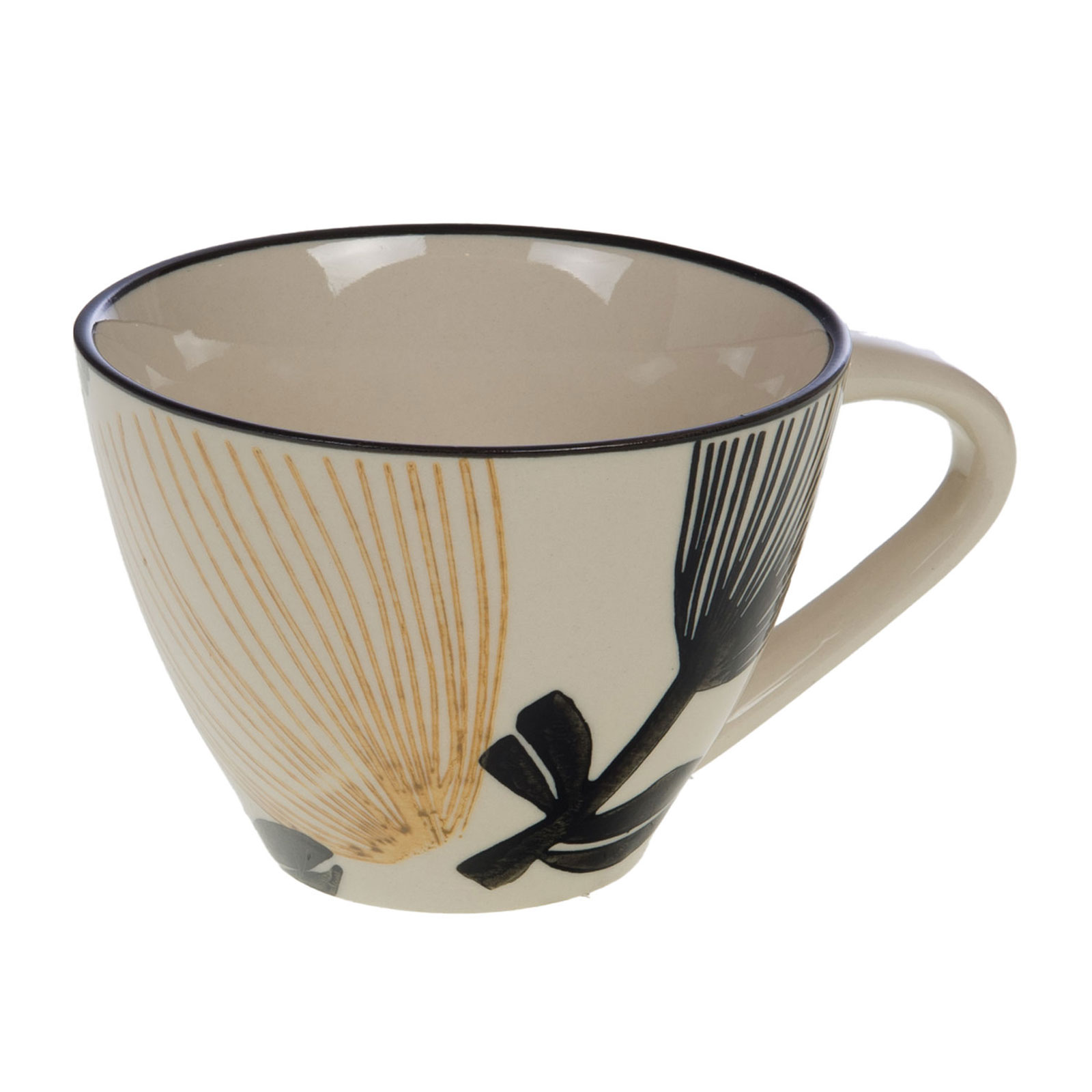 Tasse à thé Amadeus Eva 38cl en grès émaillé crème, bord noir et motif végétal stylisé doré et noir
