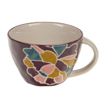Tasse à thé Amadeus Paula 32cl, grès prune avec motif floral multicolore et intérieur crème