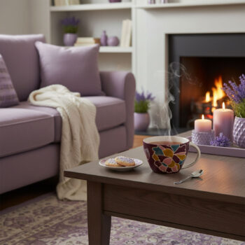 Tasse à thé Amadeus Paula aux motifs floraux multicolores, fumante, posée sur une table en bois avec des biscuits et une cuillère, ambiance cosy avec cheminée allumée en arrière-plan.