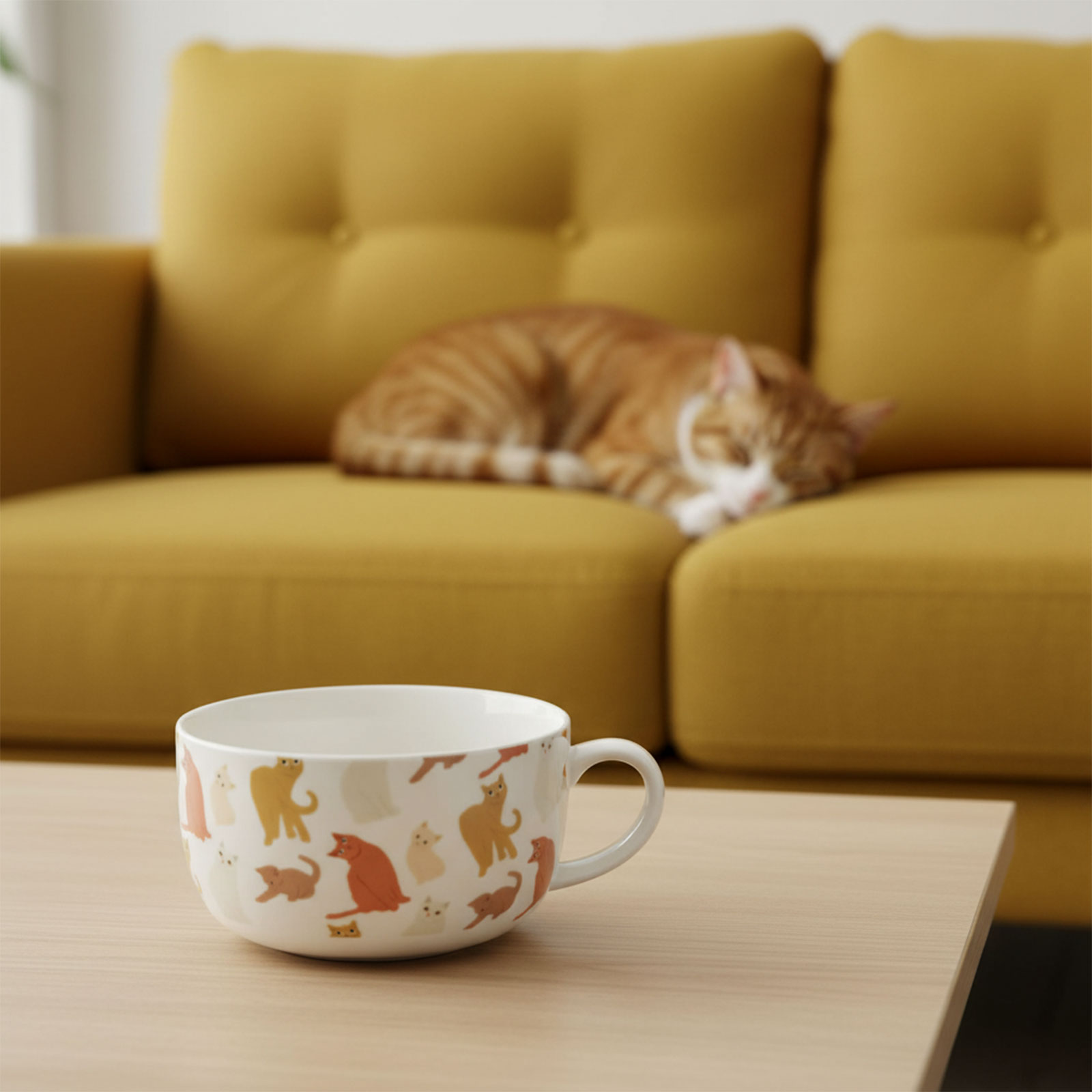 Tasse déjeuner Amadeus Gustave blanche avec des motifs de chats colorés, posée sur une table en bois, avec un chat roux endormi sur un canapé jaune en arrière-plan