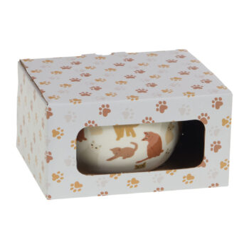 Tasse à déjeuner Amadeus Gustave avec un motif de chat, présentée dans sa boîte décorée de empreintes de pattes