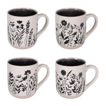 Coffret 4 mugs Ikebana Bastide 45cl, motif floral noir sur fond crème, intérieur noir profond