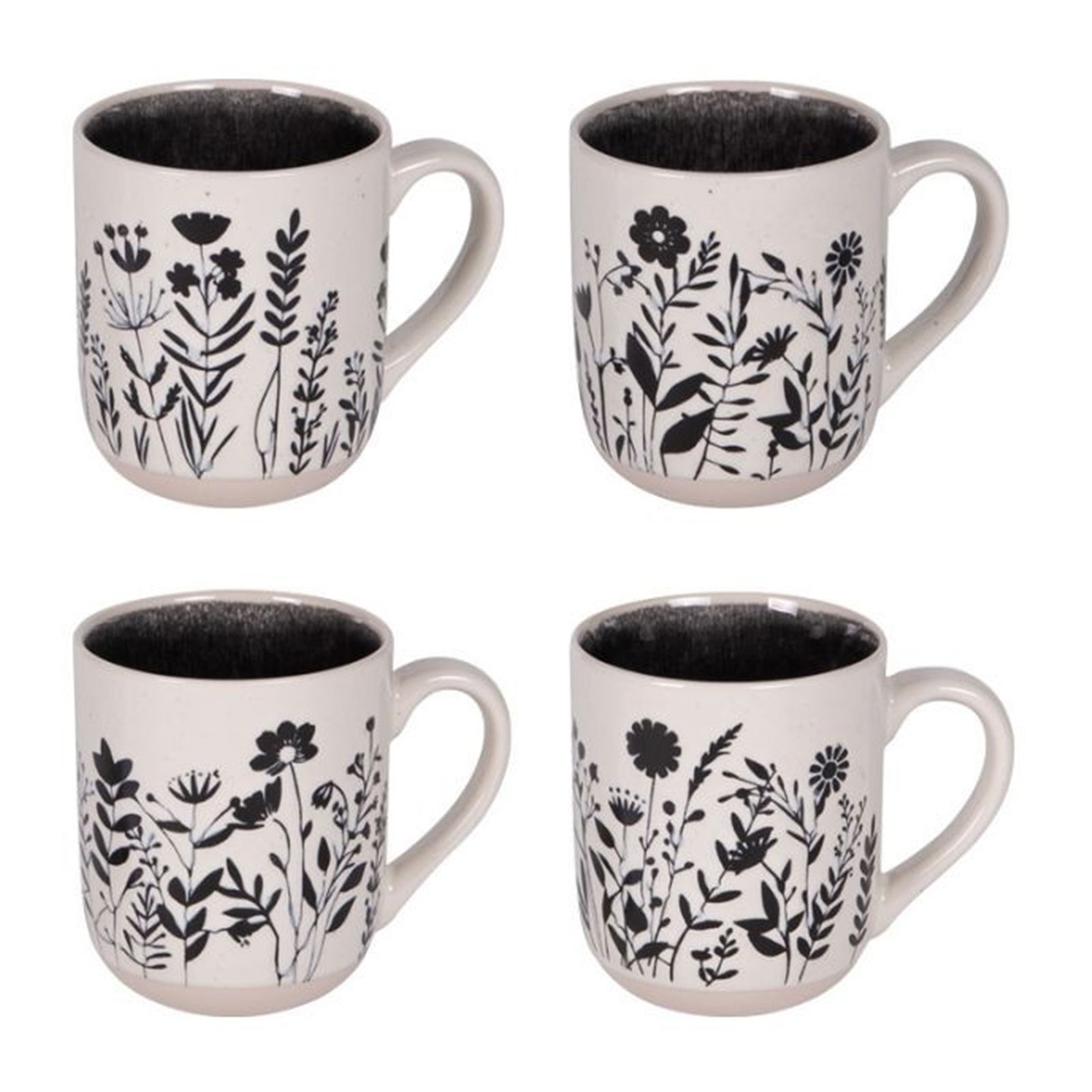 Coffret 4 mugs Ikebana Bastide 45cl, motif floral noir sur fond crème, intérieur noir profond