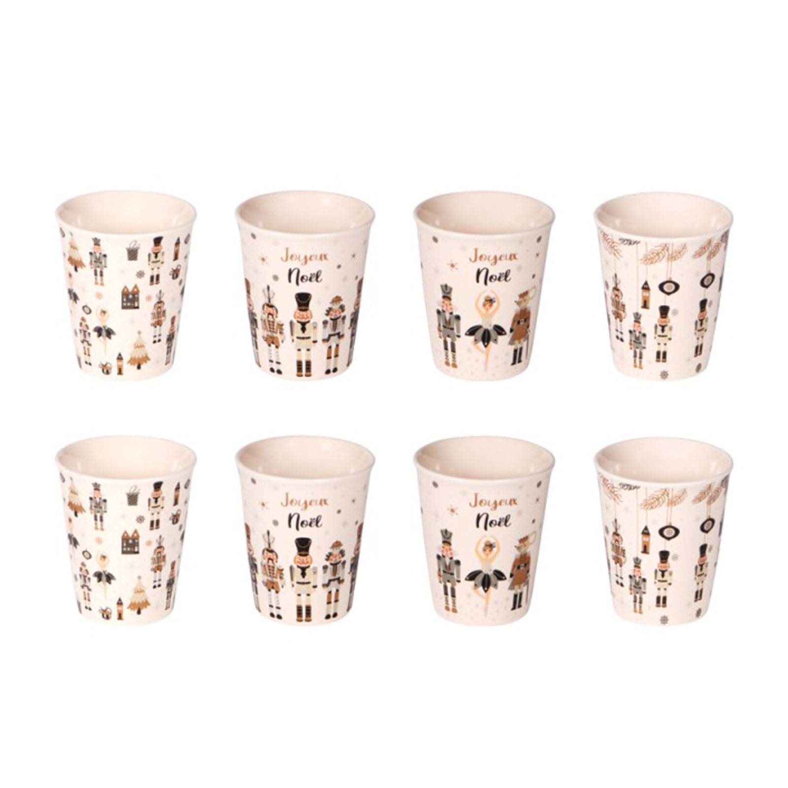 Coffret 8 tasses porcelaine fine Bastide Nutcracker, motifs féeriques Noël, capacité 11cl