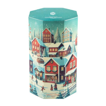 Calendrier de l'Avent Thés Bio George Cannon 2025, illustration de village enneigé féerique, logo George Cannon Paris