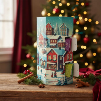 Calendrier de l'Avent George Cannon avec un décor de village de Noël enneigé, présentant 24 fenêtres pour découvrir des thés et infusions bio.
