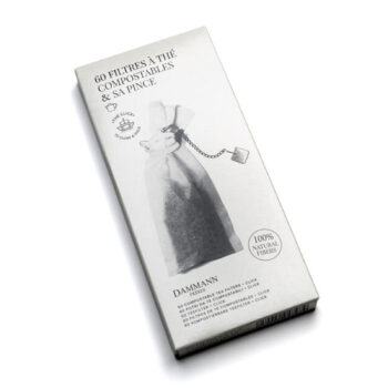 Boîte Dammann Frères de 60 filtres à thé compostables avec pince "The Click" en inox, 100% fibres naturelles