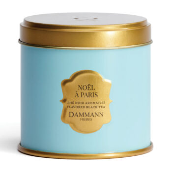 Boîte métal Dammann Frères bleue ciel, couvercle doré, "Noël à Paris" pour thé noir festif