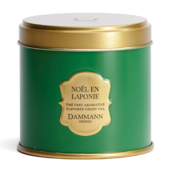 Boîte métal Dammann Frères verte et dorée Noël en Laponie 100g, thé vert aromatisé festif