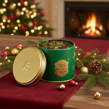 Boîte métal verte Dammann Frères de thé Noël en Laponie, ouverte, avec du thé vert et des baies roses. Ambiance de Noël avec sapin, guirlandes lumineuses et cheminée.
