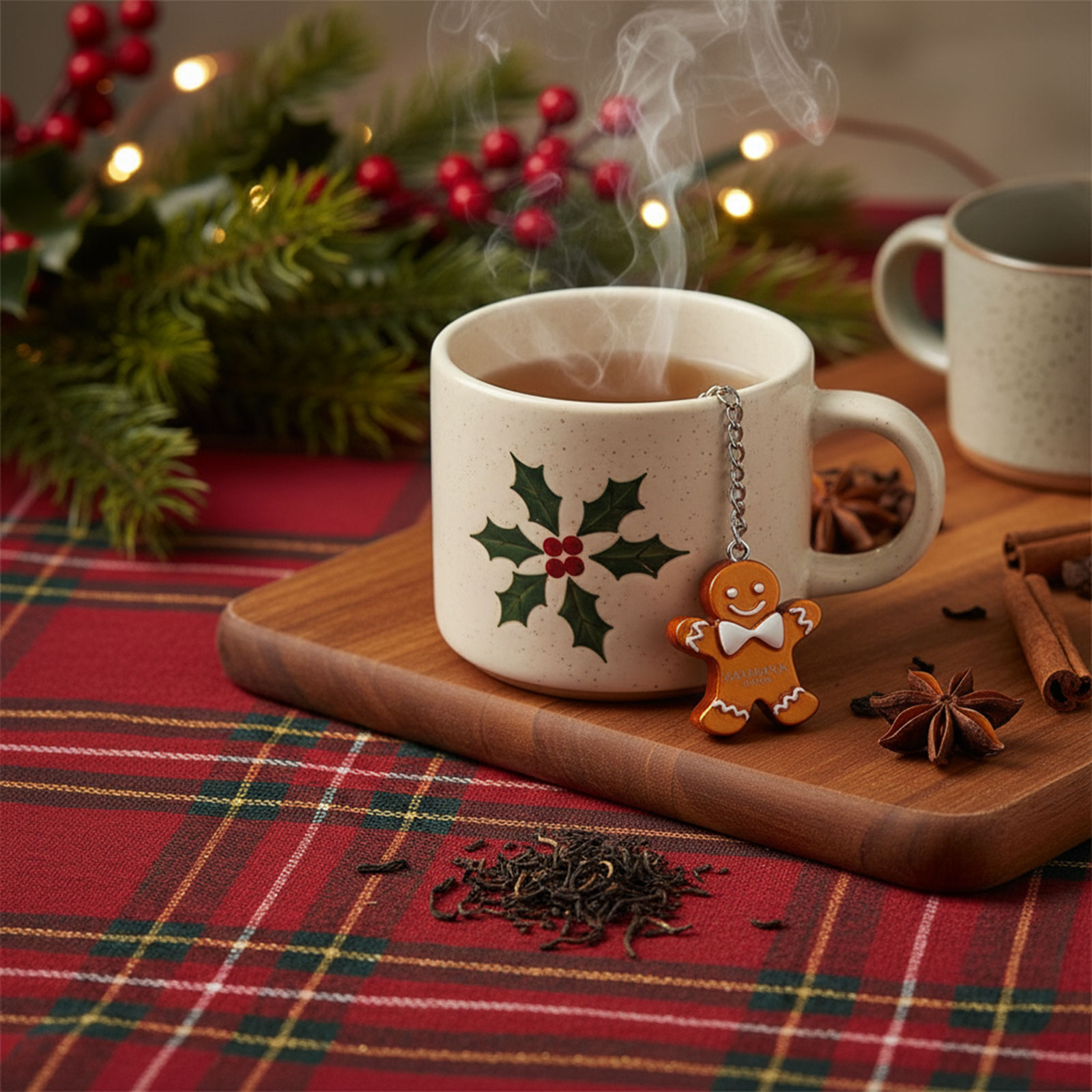 Tasse à thé festive avec un motif de houx et un bonhomme de pain d'épices comme infuseur, sur une table décorée pour Noël