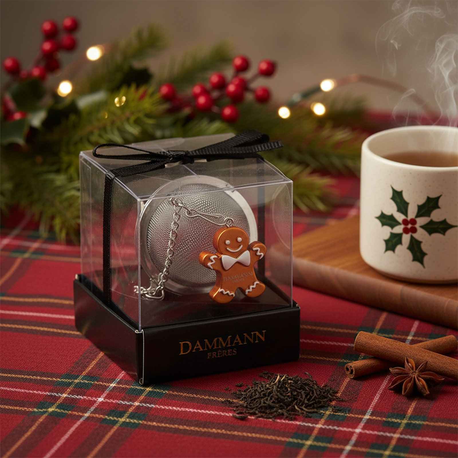 Boule à thé Dammann Frères en acier inoxydable avec un pendentif bonhomme de pain d'épices, dans son coffret cadeau festif