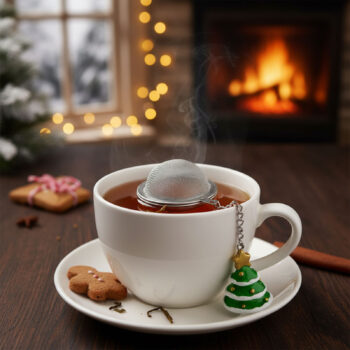 Boule à thé en acier inoxydable avec un pendentif en forme de sapin de Noël vert et doré, trempée dans une tasse de thé fumante.