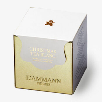 Boîte collector Dammann Frères Christmas Tea Blanc, 40g, coffret blanc et doré avec biscuit de pain d'épice