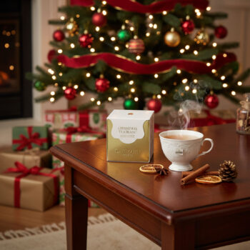 Boîte de Dammann Frères Christmas Tea Blanc et une tasse de thé fumante, devant un sapin de Noël décoré et des cadeaux