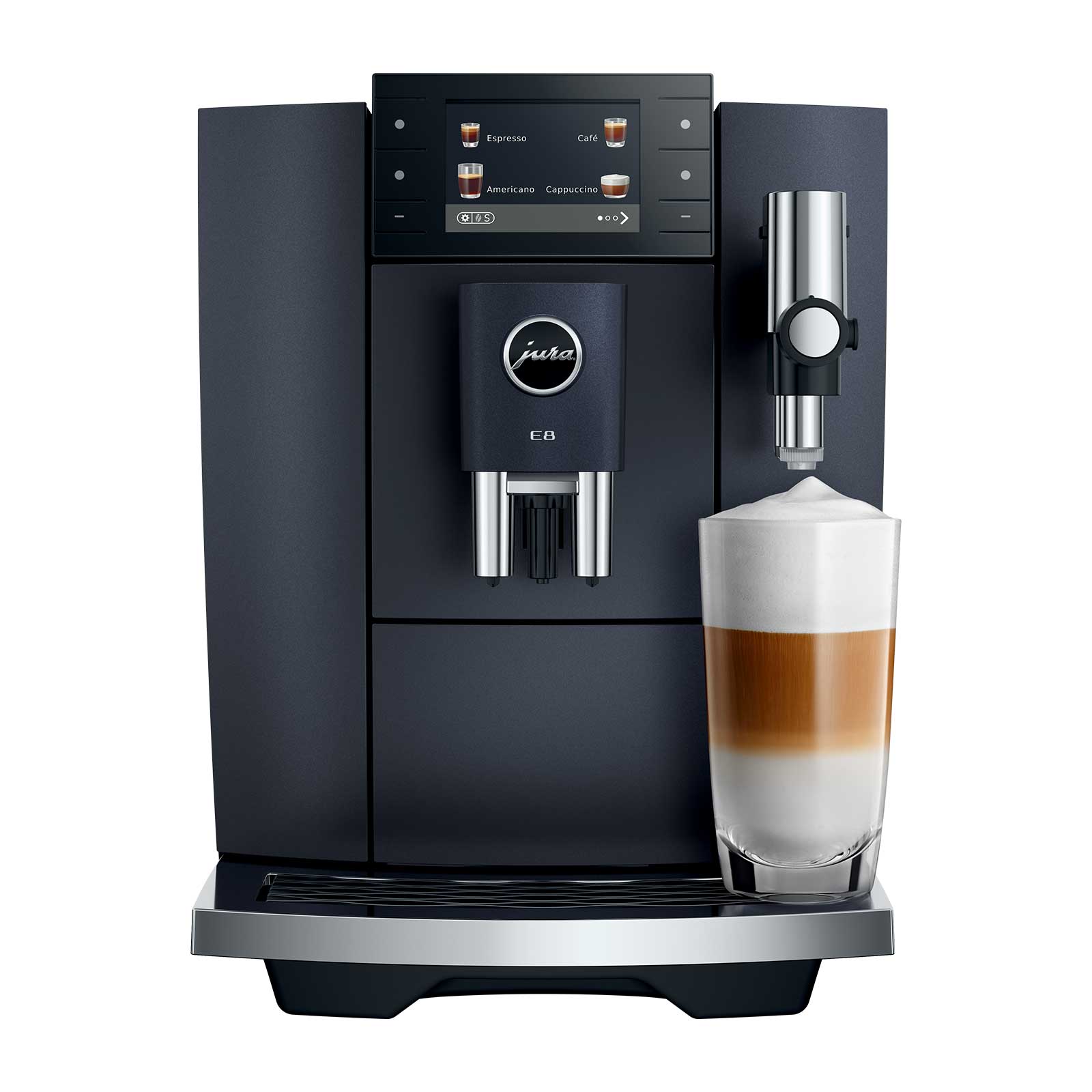 Machine à café JURA E8 Cosmic Black préparant un latte macchiato avec de la mousse de lait onctueuse, écran tactile affichant les options de café