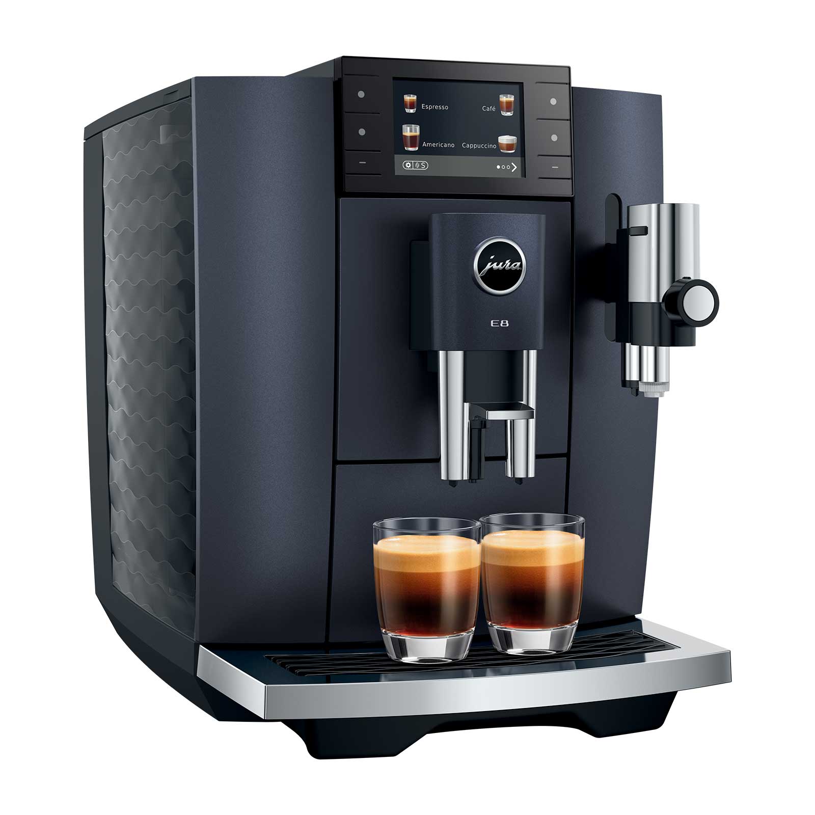 Machine à café automatique Jura E8 Cosmic Black préparant deux expressos dans des verres transparents, affichant 27 spécialités de café