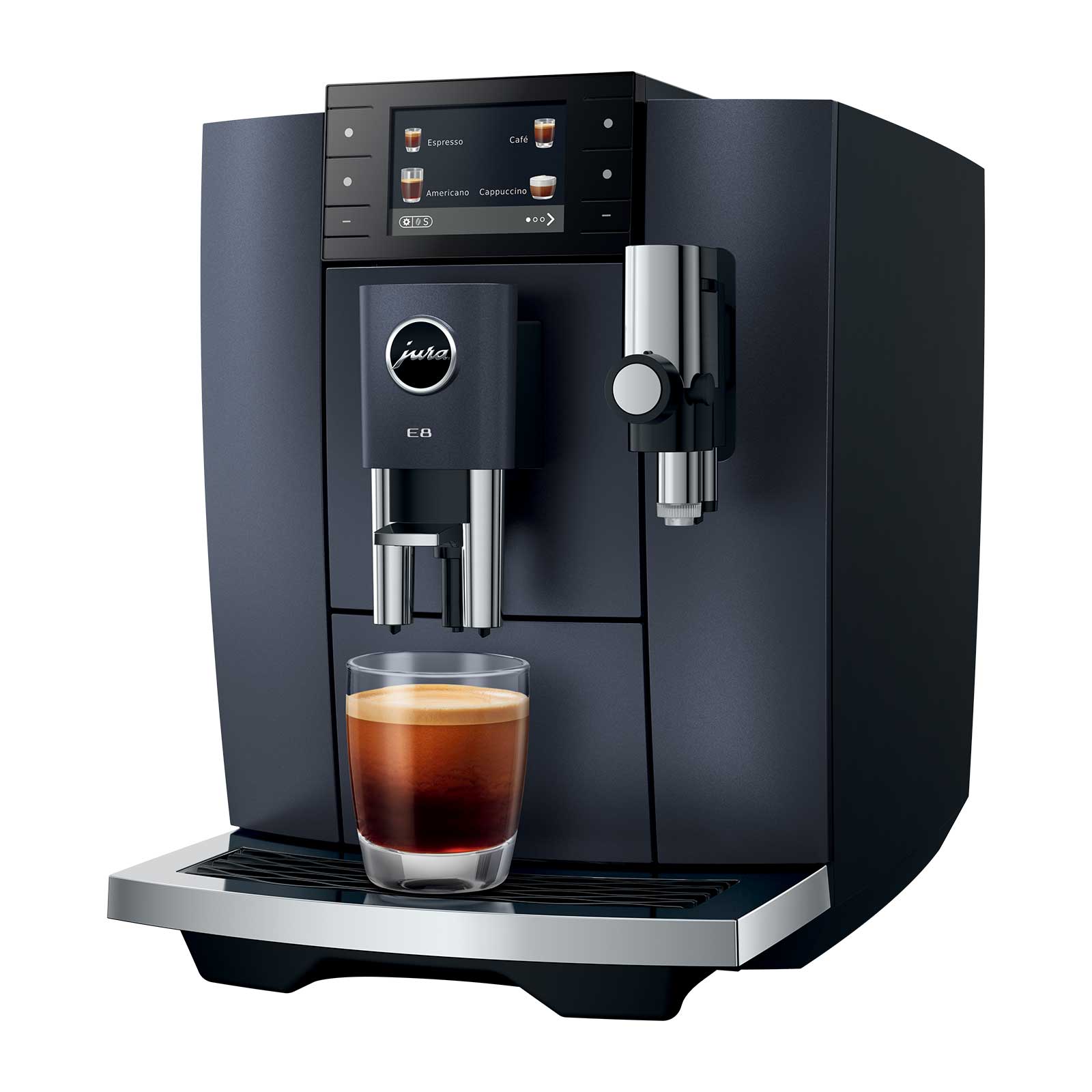 Machine à café automatique Jura E8 Cosmic Black avec un verre d'espresso fraîchement préparé, affichant des options de boissons sur son écran tactile