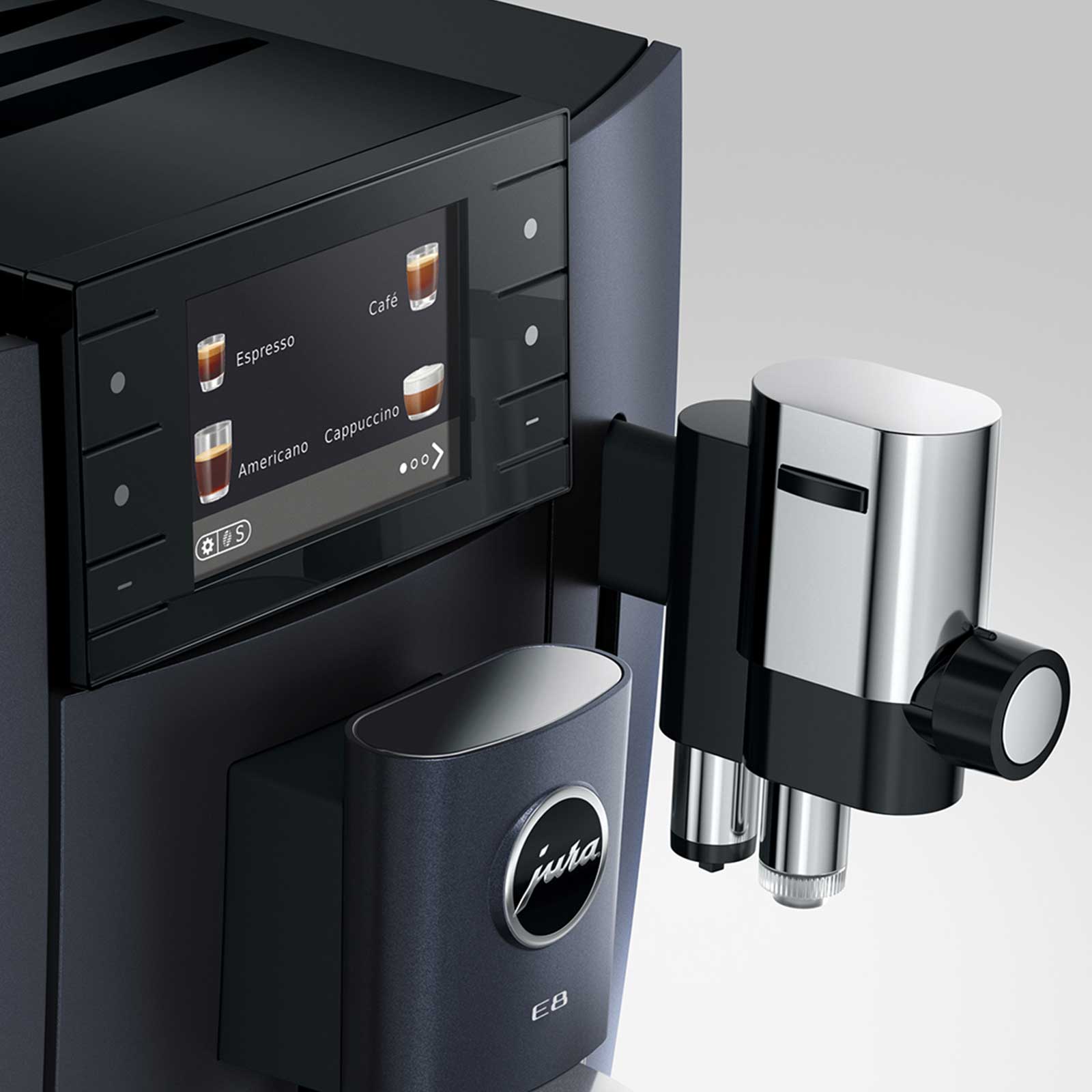 Écran tactile d'une machine à café JURA E8 Cosmic Black affichant les options de boissons : Espresso, Café, Americano, Cappuccino.