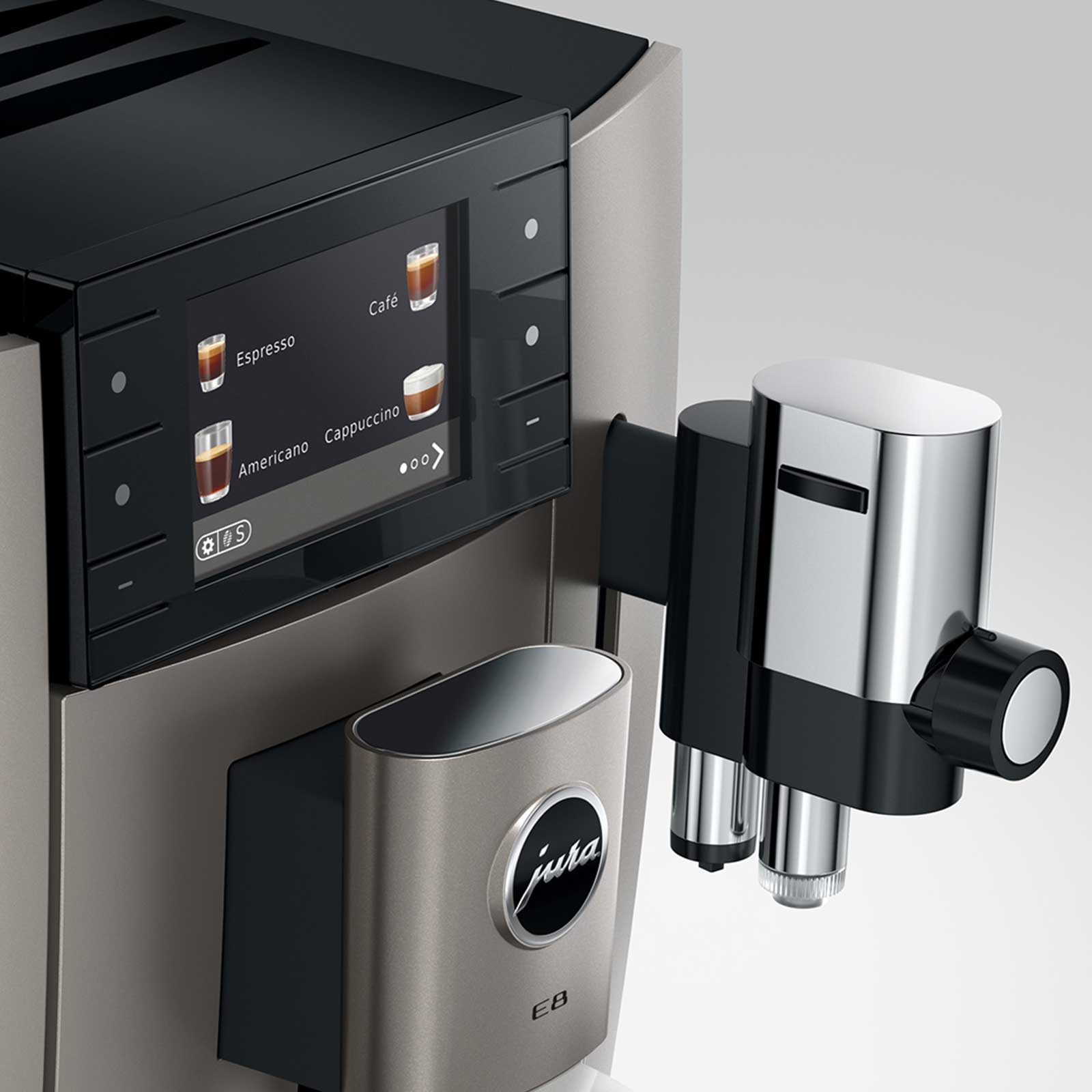 Écran tactile d'une machine à café JURA E8 affichant les options de boissons comme Espresso, Café, Americano et Cappuccino.