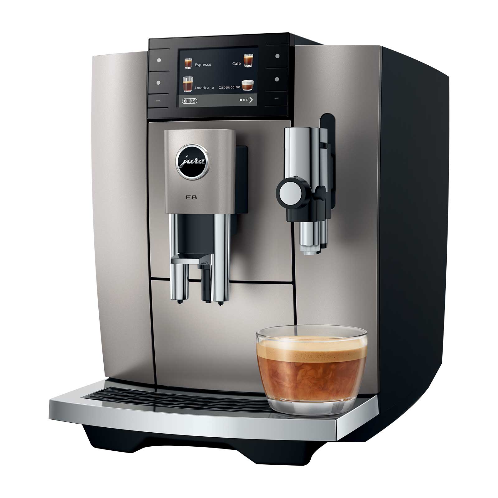 Machine à café automatique JURA E8 Midnight Silver avec un verre d'espresso crémeux posé devant, affichant les options de boissons sur son écran tactile.