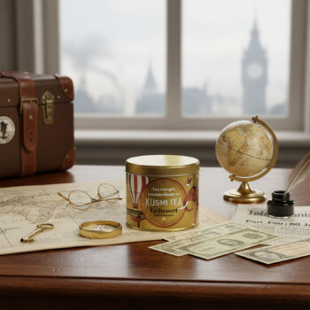 Boîte de thé Kusmi Tea Le Dessert sur une carte ancienne, entourée d'objets de voyage comme un globe et une clé.