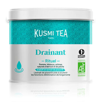 Boîte métallique Kusmi Tea Rituel Drainant Bio 100g, design blanc et turquoise, logo, motifs géométriques, certifications bio et "For the Planet", illustration goutte d'eau