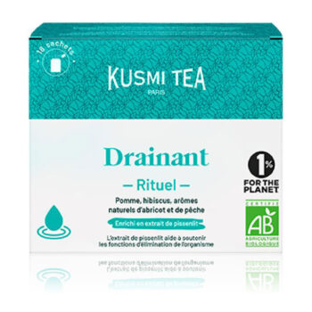 Boîte de Kusmi Tea Rituel Drainant turquoise et blanche, 36g, avec logo KUSMI TEA PARIS et mise en avant des ingrédients pomme, hibiscus, abricot, pêche.