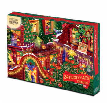 Coffret Calendrier de l'Avent 24 Chocolats Chauds Comptoir de Mathilde, scène hivernale festive avec 24 numéros