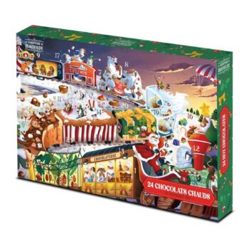 Calendrier de l'Avent Le Comptoir de Mathilde illustré avec des ours polaires et le Père Noël pour préparer 24 chocolats chauds avant Noël