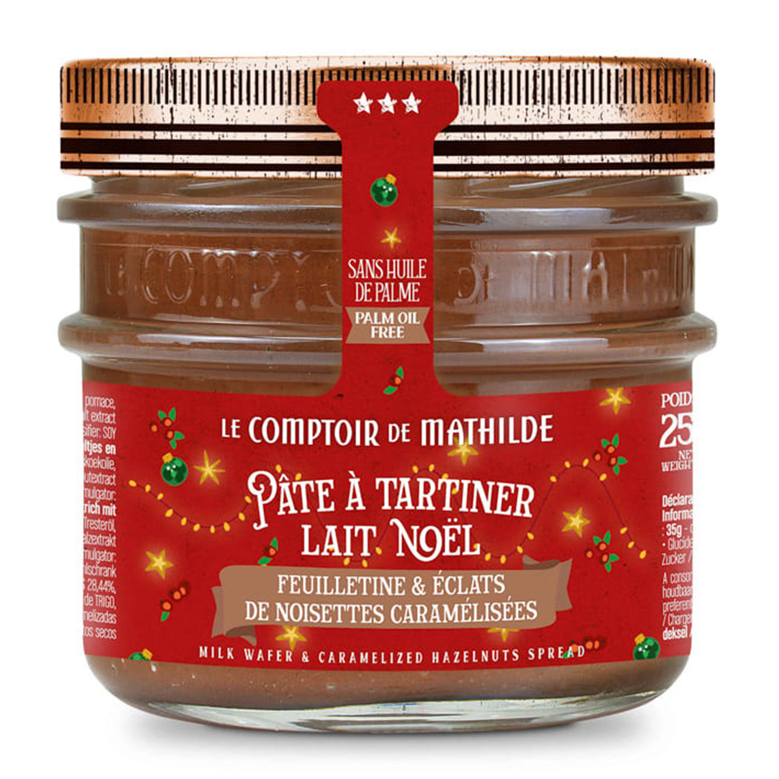 Pot en verre Le Comptoir de Mathilde Pâte à tartiner Lait Noël feuilletine noisettes caramélisées 250g, étiquette festive rouge sans huile de palme