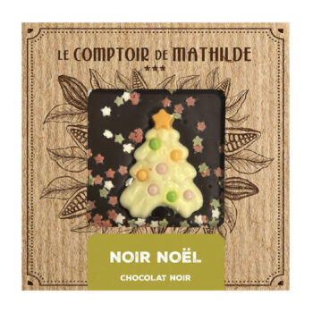 Tablette chocolat noir Noël Le Comptoir de Mathilde 80g, décorée d'un sapin blanc et confettis étoiles multicolores, emballage kraft festif