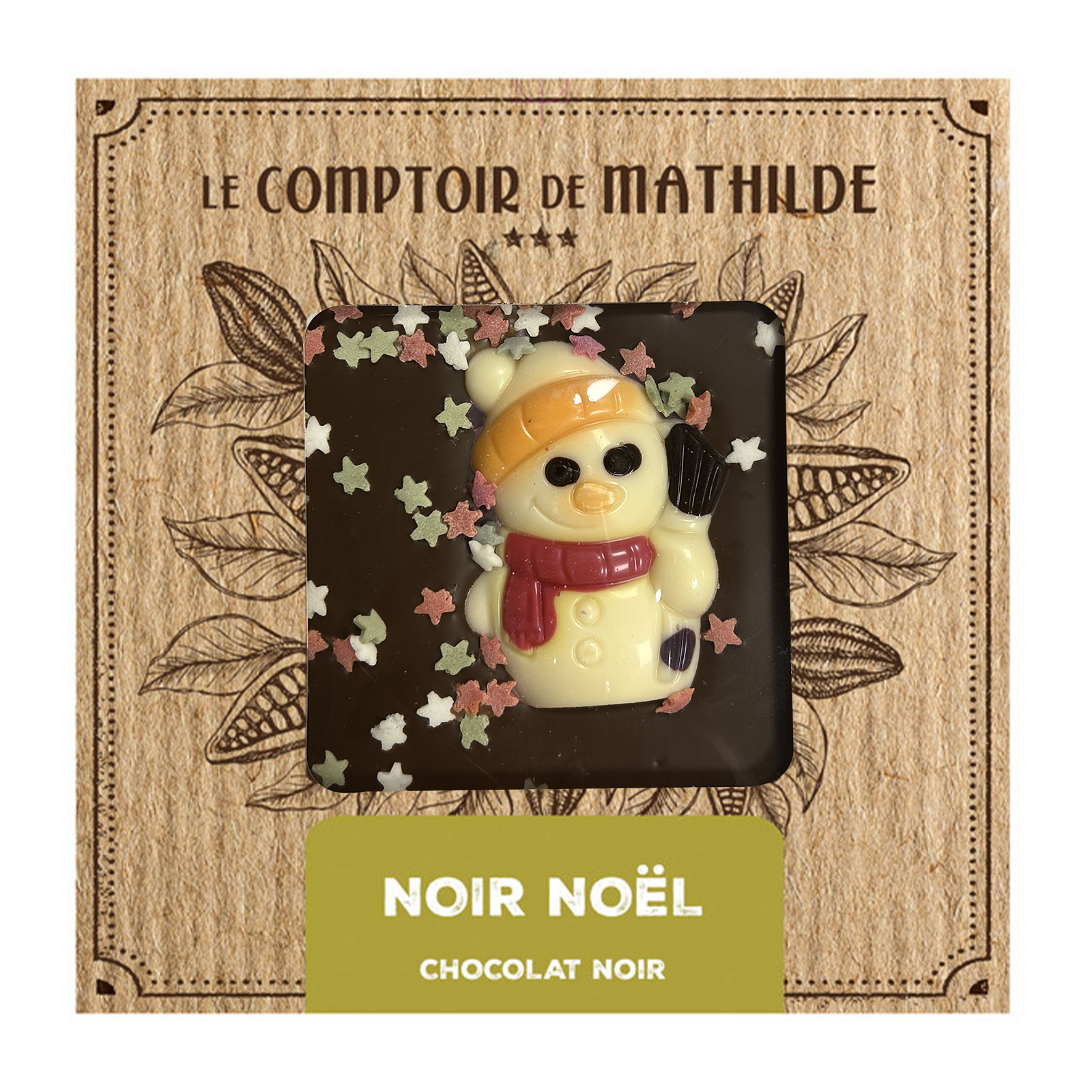 Tablette de chocolat noir décorée d'un bonhomme de neige festif, avec des vermicelles colorés et des étoiles en sucre, emballage Le Comptoir de Mathilde