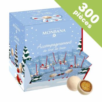 Boîte ouverte de chocolats Monbana Collection Neige, assortiment de 300 pièces emballées individuellement pour accompagner les boissons chaudes
