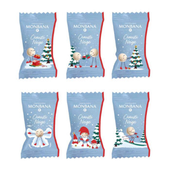 Six emballages individuels de Monbana 'Crousti Neige' avec des illustrations festives de Noël, montrant des personnages jouant dans la neige.