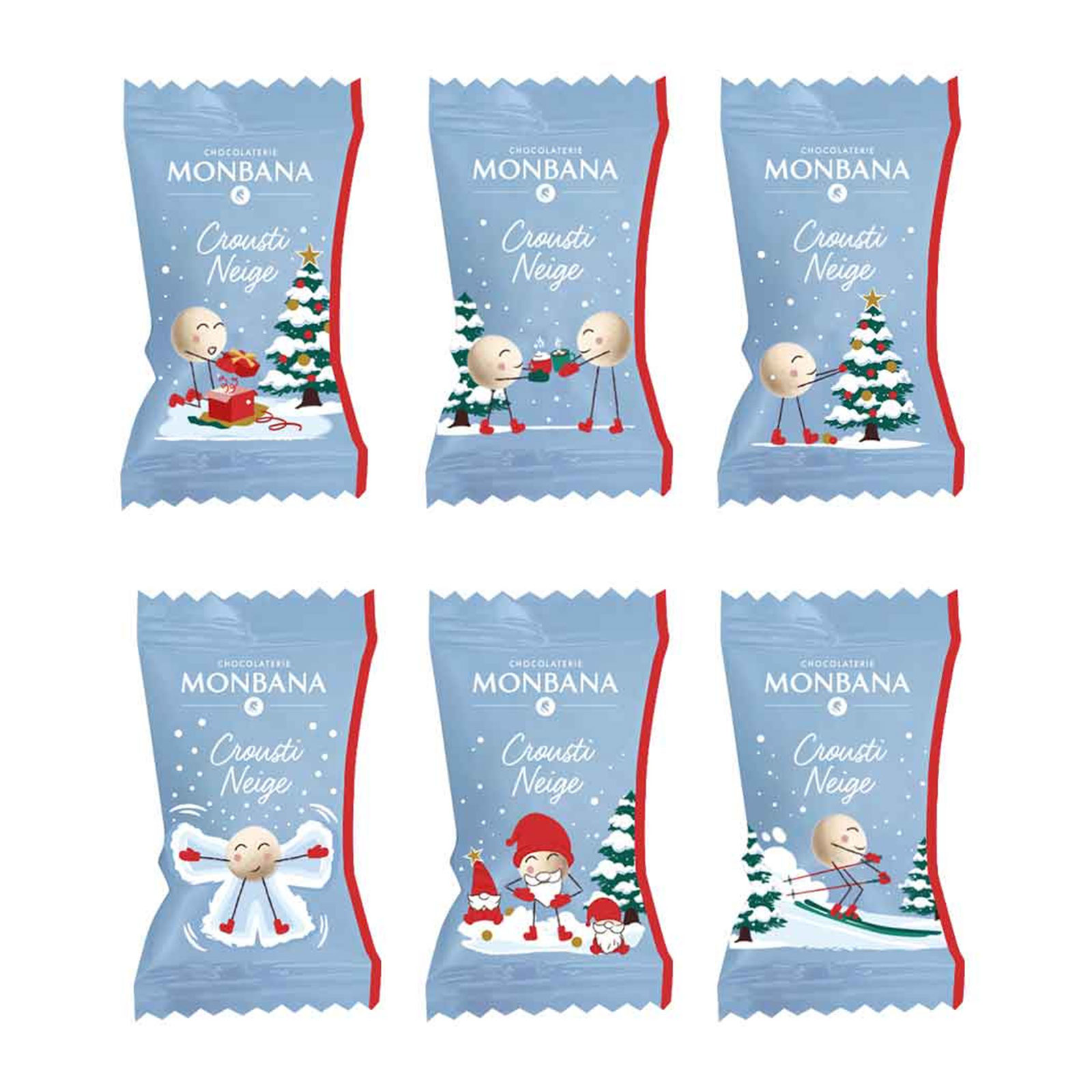Six emballages individuels de Monbana 'Crousti Neige' avec des illustrations festives de Noël, montrant des personnages jouant dans la neige.