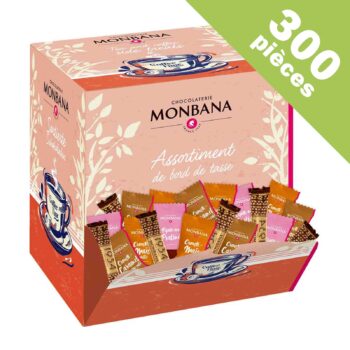 Boîte Monbana Assortiment de bord de tasse Collection Coffee Time rose pâle, 300 pièces de chocolats et biscuits emballés individuellement