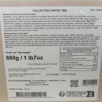 Emballage de l'assortiment Monbana Collection Coffee Time, affichant le poids net de 660g et la mention d'environ 300 pièces, avec les informations nutritionnelles et la date de préférence.