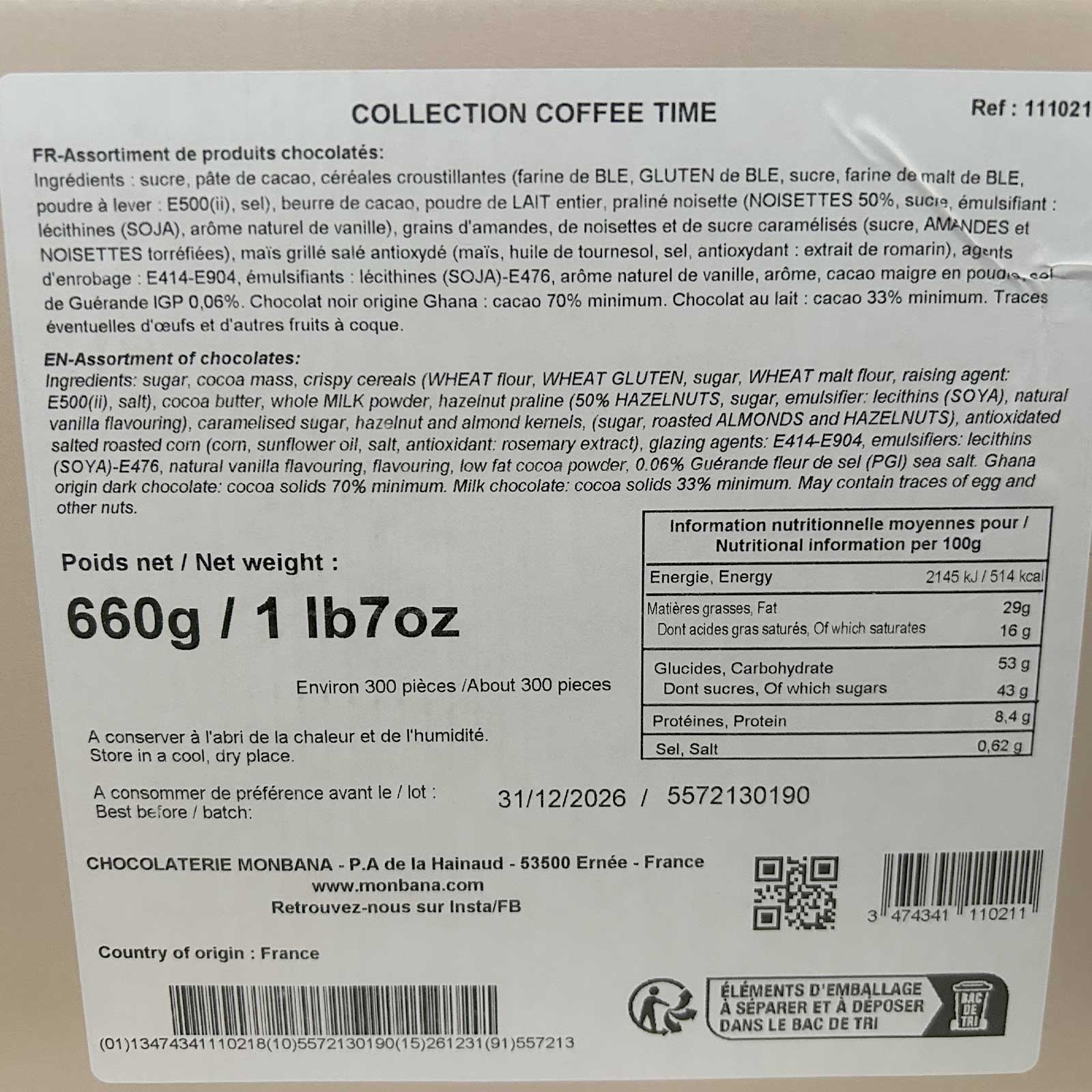 Emballage de l'assortiment Monbana Collection Coffee Time, affichant le poids net de 660g et la mention d'environ 300 pièces, avec les informations nutritionnelles et la date de préférence.
