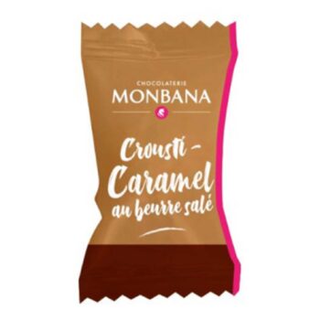 Emballage individuel de chocolat Monbana Crousti-Caramel au beurre salé, avec logo Monbana et mention Chocolaterie