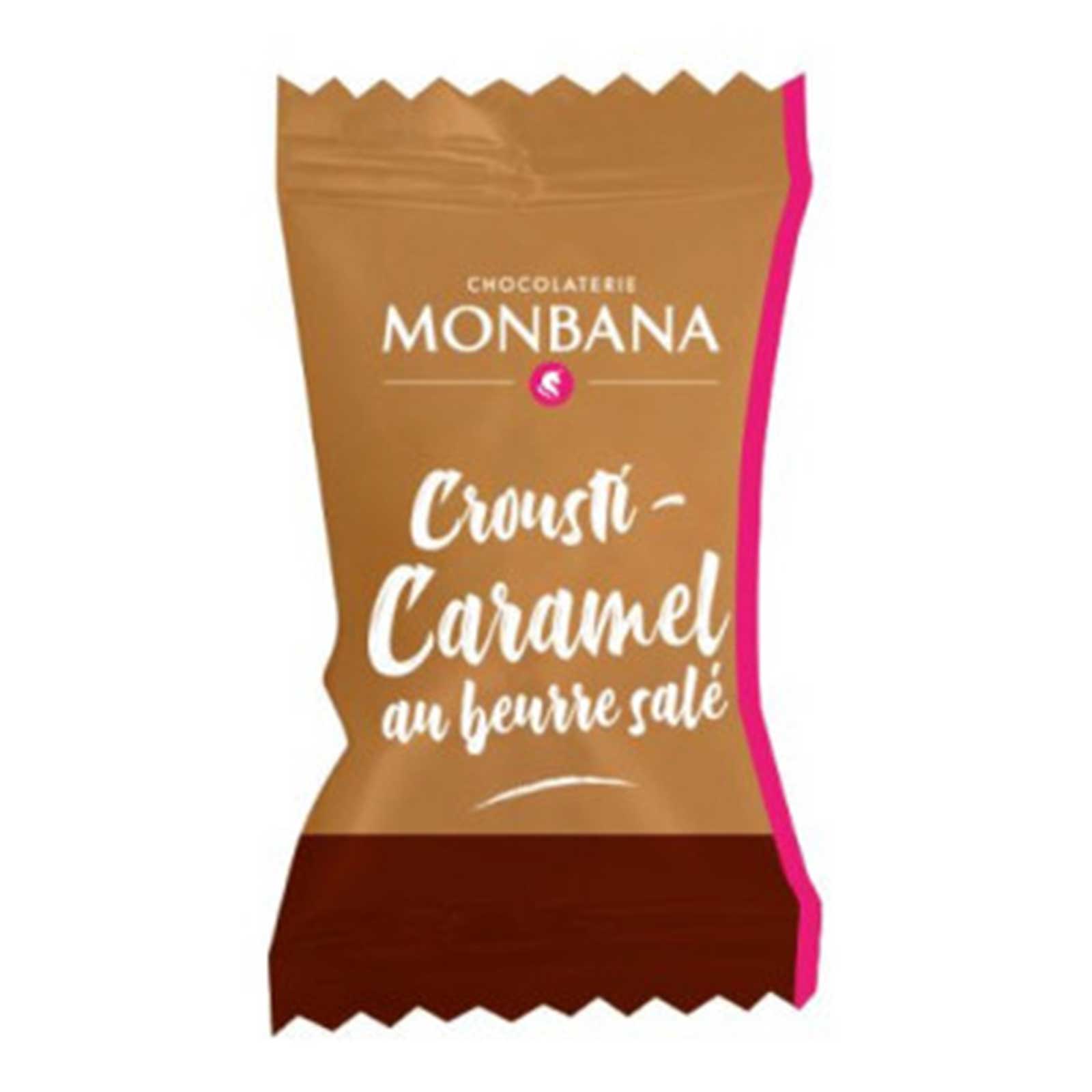 Emballage individuel de chocolat Monbana Crousti-Caramel au beurre salé, avec logo Monbana et mention Chocolaterie