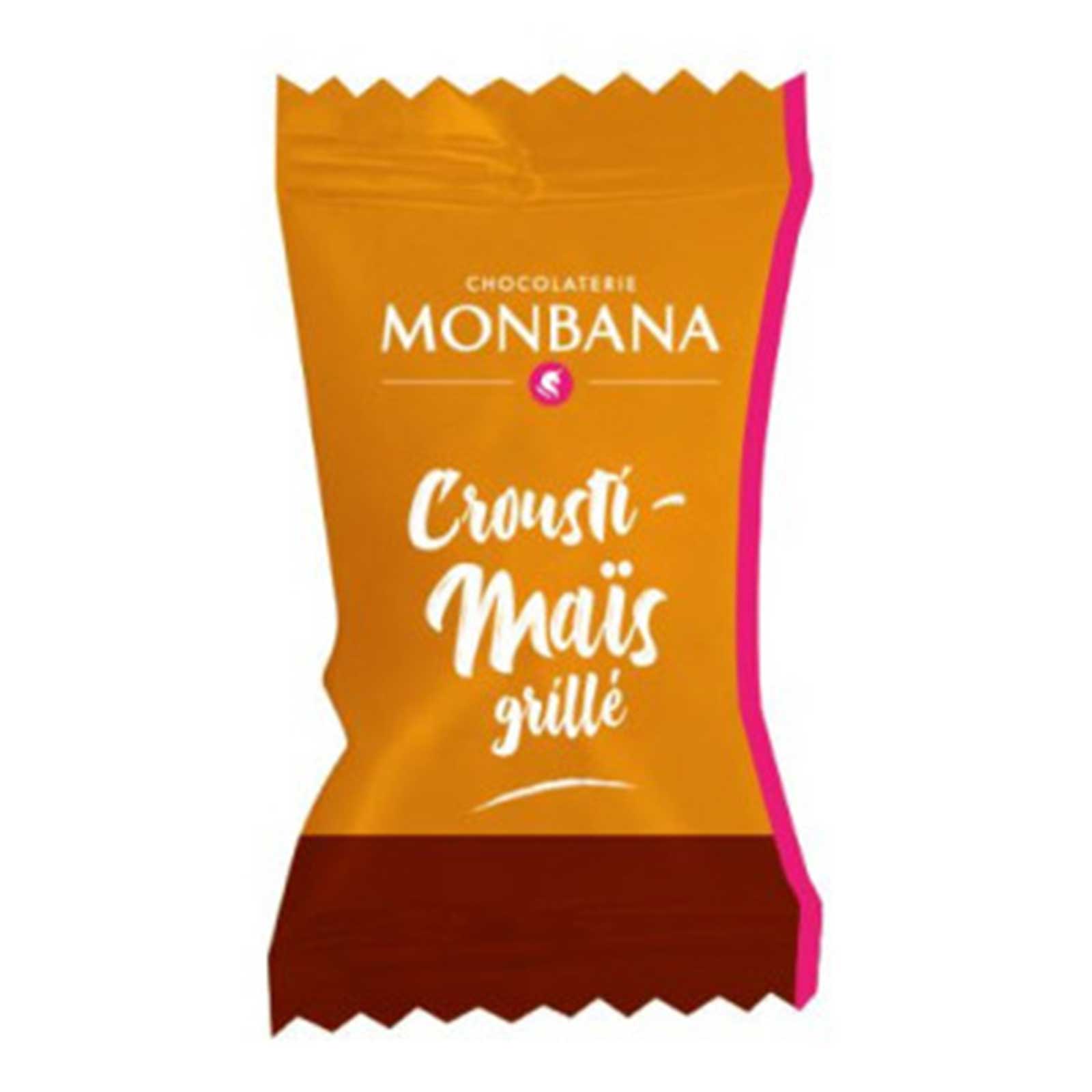 Emballage individuel de Monbana Crousti-Maïs grillé, avec le logo Monbana et le nom du produit en lettres blanches sur fond orange