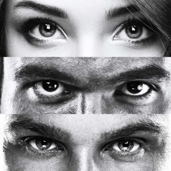 Gros plan sur les yeux de trois personnes différentes, représentant les personnalités 'La Belle', 'La Brute' et 'Le Gentleman BIO' du pack de Cafés Querry.
